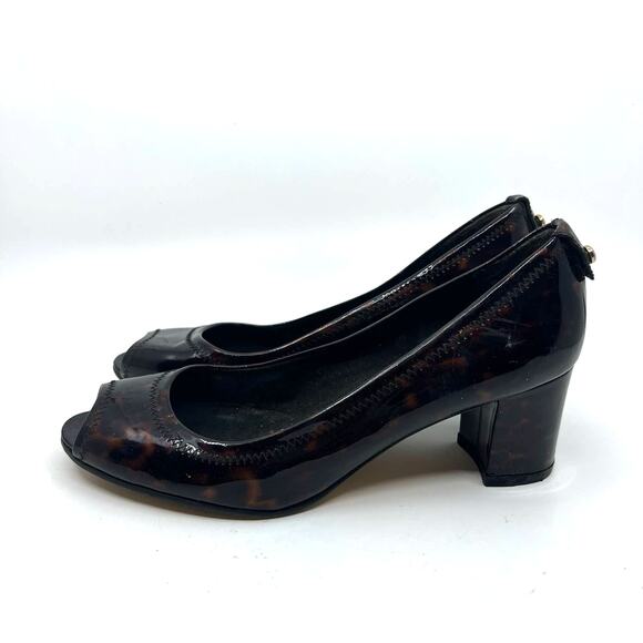 Stuart Weitzman Tortoise Brown Peep Toe Block Heels 7.5 US - Picture 2 of 9